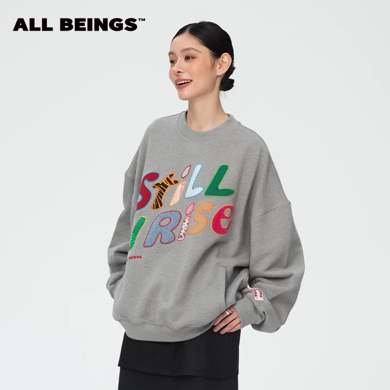 ALL BEINGS【年中折扣款】撞色混拼贴布绣大廓形时尚休闲套头卫衣女