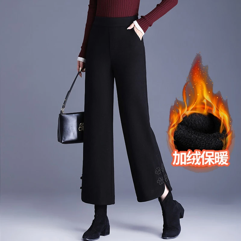 加绒保暖黑色毛呢裤子秋冬季时尚国风九分裤小个子妈妈窄版直筒裤