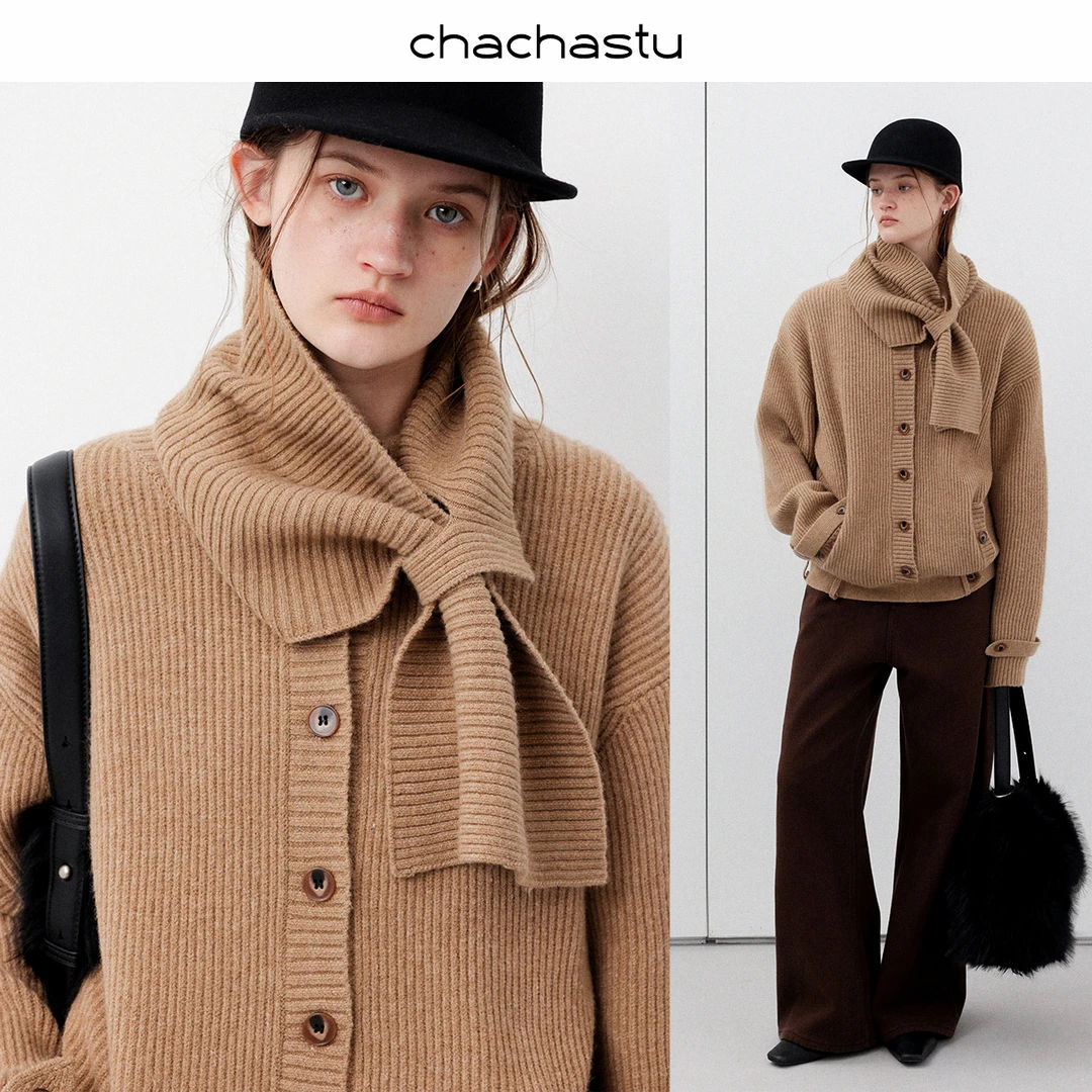 CHACHASTU自带围巾 时髦低腰廓形宽松显瘦毛衣外套XX6420