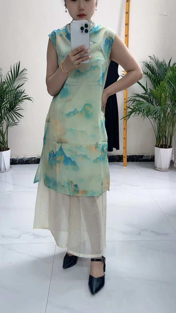 小个子轻款气质高端日常新中式改良复古国风奥黛旗袍连衣裙两件套