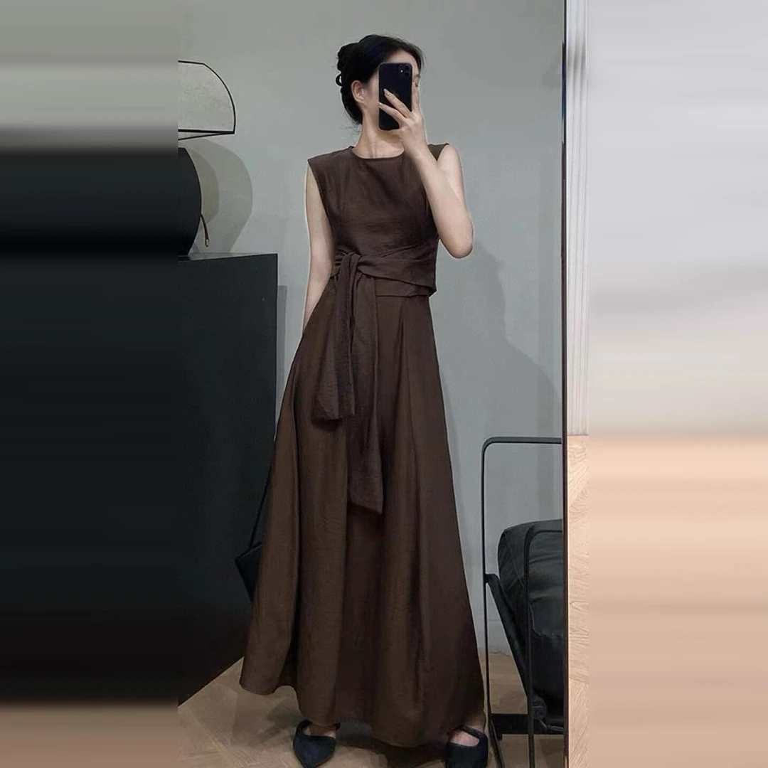 早秋流行小个子大方得体穿搭轻奢高级感独美亚麻棉麻连衣裙女6389