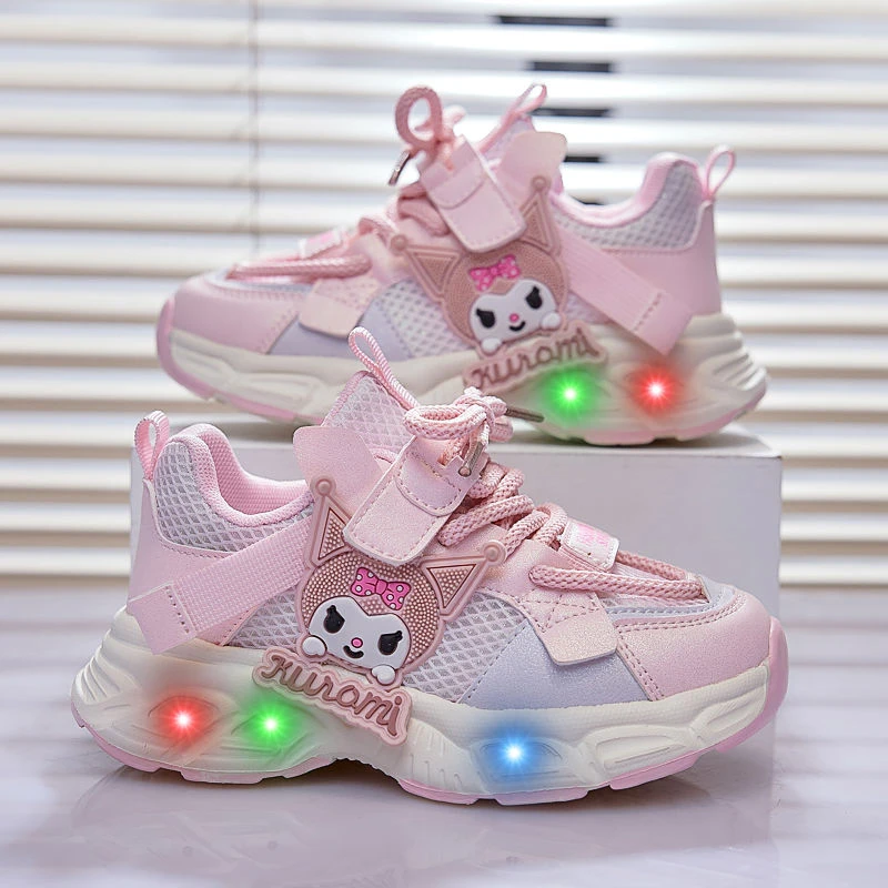 春秋季女童透气软底运动鞋女孩库洛米发光鞋儿童魔术贴亮灯老爹鞋