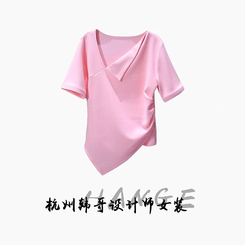 【韩哥女装】2025欧版《轻盈》樱花粉斜V领压褶高克重气质短袖9669-C1