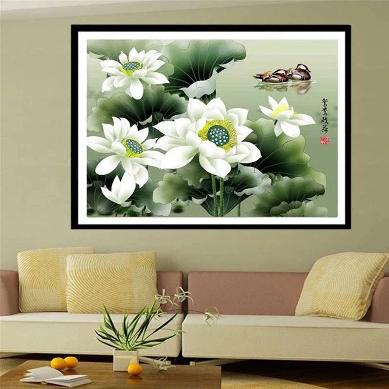 纯手工绣好的十字绣成品2060鸳鸯荷花装饰画