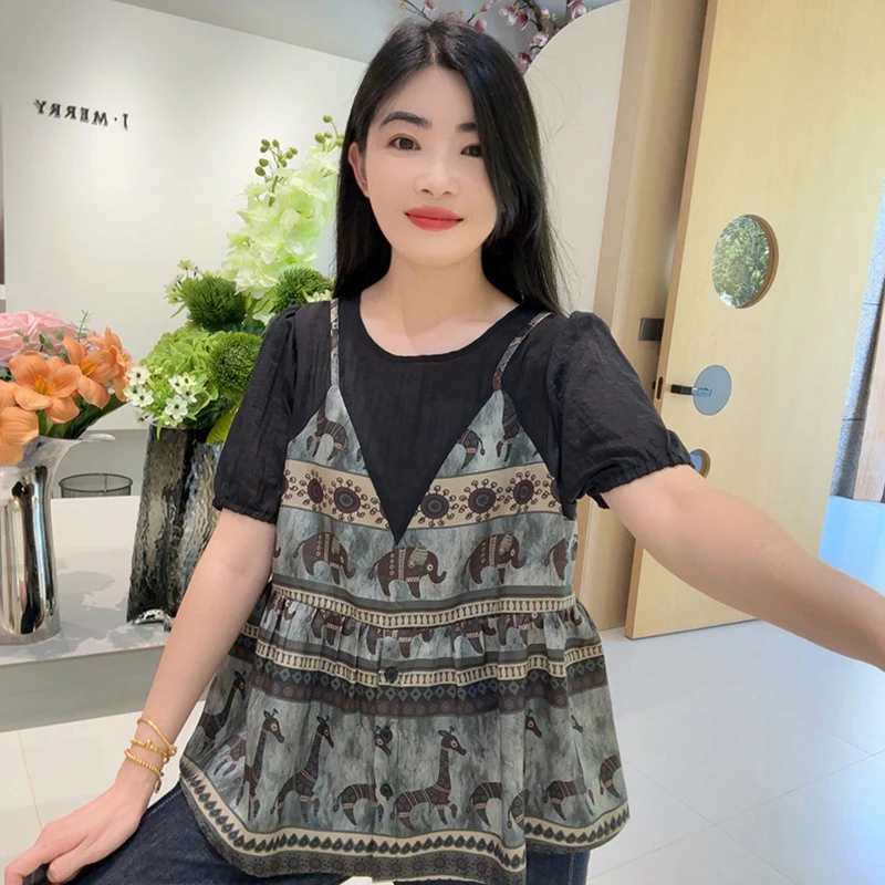 好看印花假两件衬衫女2025夏季新款韩系宽松休闲薄款别致气质上衣