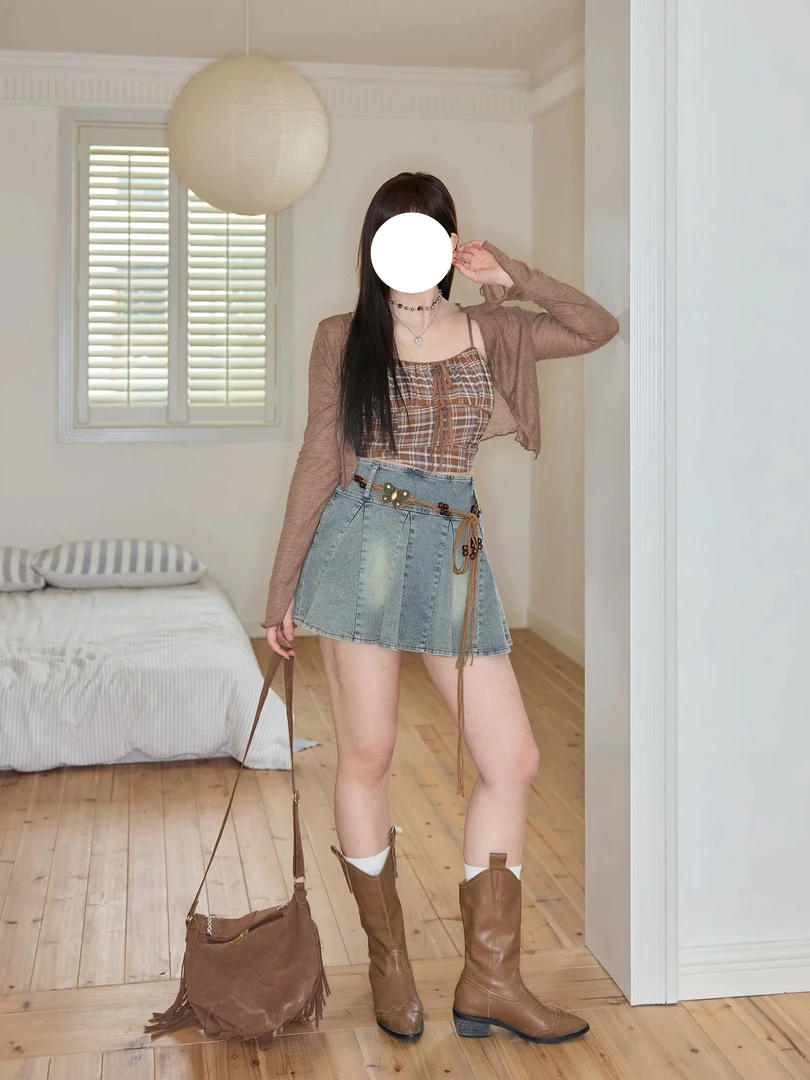 2025夏季大码女装胖mm显瘦套装甜辣风复古小衫吊带牛仔半裙