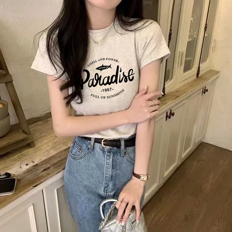 夏季薄款2025年新款正肩纯棉短袖t恤女百搭修身洋气灰色上衣短款