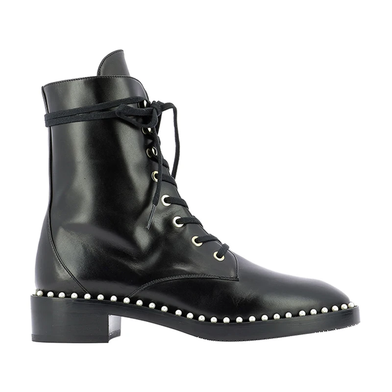 未使用 StuartWeitzman 女款边缘珍珠装饰黑色小牛皮马丁靴3.5cm