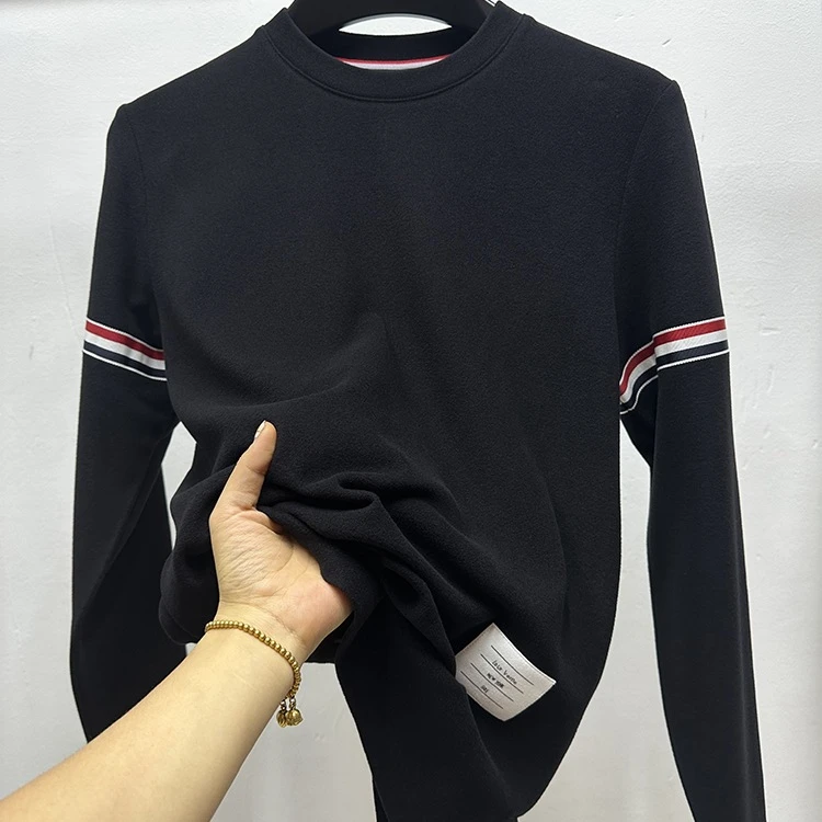 轻奢男士双面德绒长袖T恤秋冬季织带拼接休闲圆领潮牌保暖卫衣潮