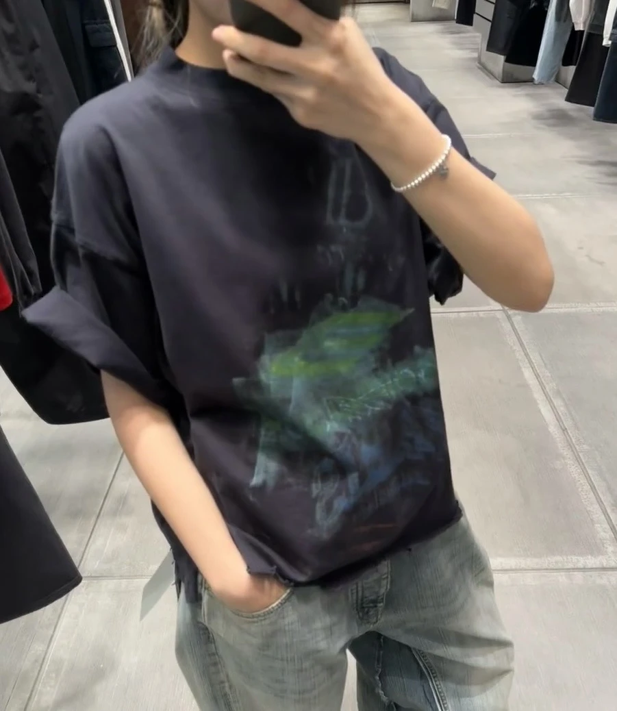 小巴风格模糊印花短袖T恤时尚百搭男女同款经典