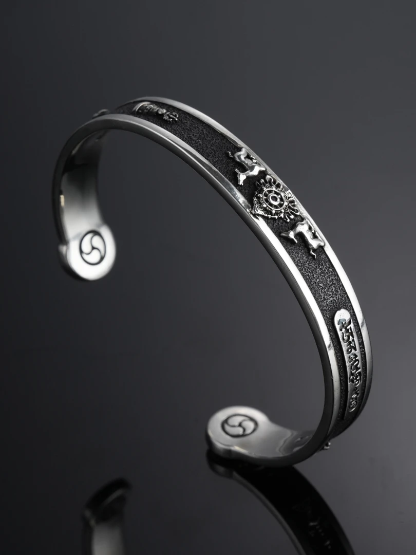 925银银制品 喜三福文创 黄财神潮流百搭法轮手镯