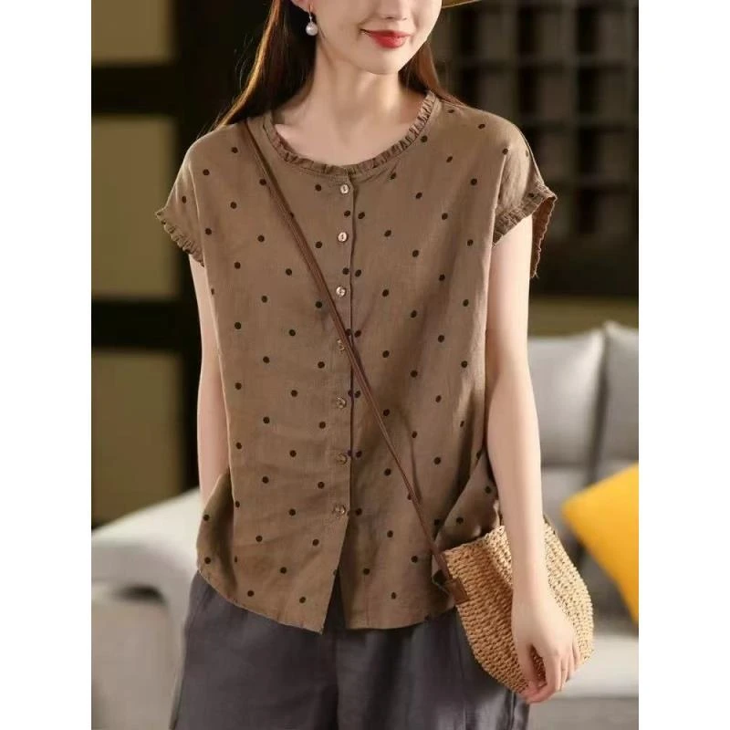 YM8011【100%进口亚麻】日系波点木耳边亚麻衬衫显瘦气质洋气时尚