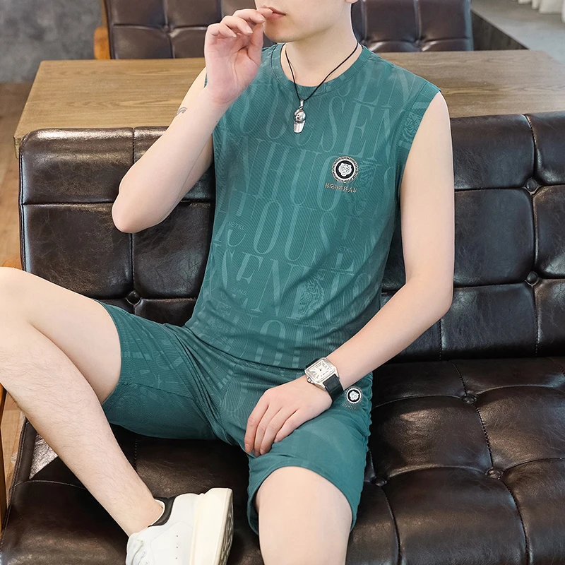 夏季男士背心无袖坎肩短裤两件套男款薄款宽松透气休闲运动套装