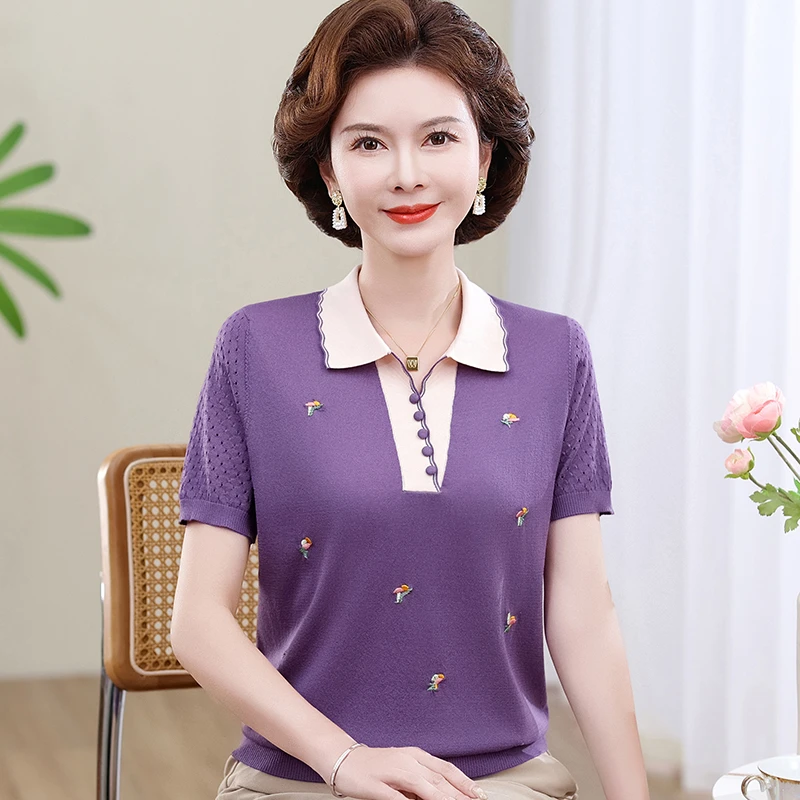 妈妈装中老年冰丝短袖时尚减龄碎花翻领衫50到60气质穿搭丝滑清凉