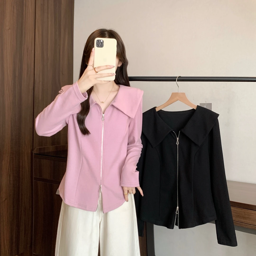 2025秋装胖mm大码女双拉链海军蓝长袖衬衫设计感正肩上衣64089