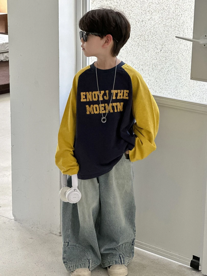 纯棉男童拼接t恤插肩袖春秋季新款儿童洋气休闲上衣英文百搭t上衣