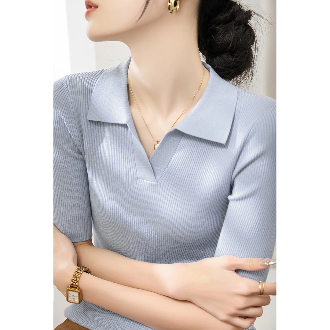 纯色修身显瘦短袖针织衫2025夏季新款女装气质百搭POLO领打底上衣