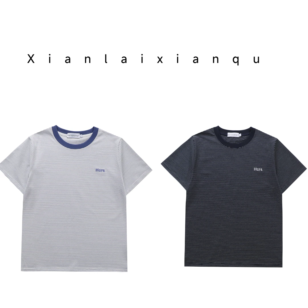 夏季正肩时尚条纹短袖宽松圆领休闲潮流韩版百搭上衣韩系纯棉衣服