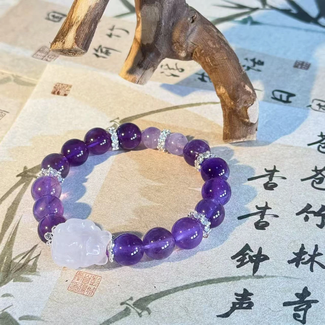 【景润】天然粉水晶凤九乌拉圭紫水晶单圈设计手串 多样性发一