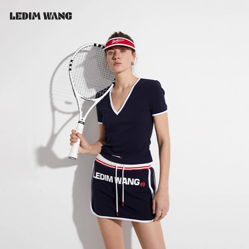 LEDIM WANG撞色V领套头T恤美式运动风2025新款宽松短袖百搭上衣