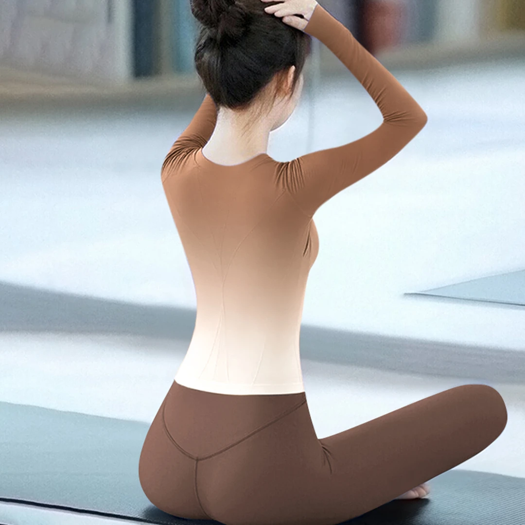 绝美瑜伽服渐变上衣女2025新款裸感普拉提跑步速干长袖健身服秋冬