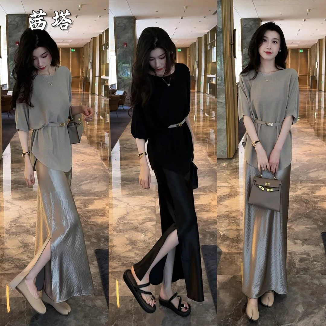 洋气连衣裙套装女夏季新款时髦冰丝短袖上衣搭配开叉半身裙两件套