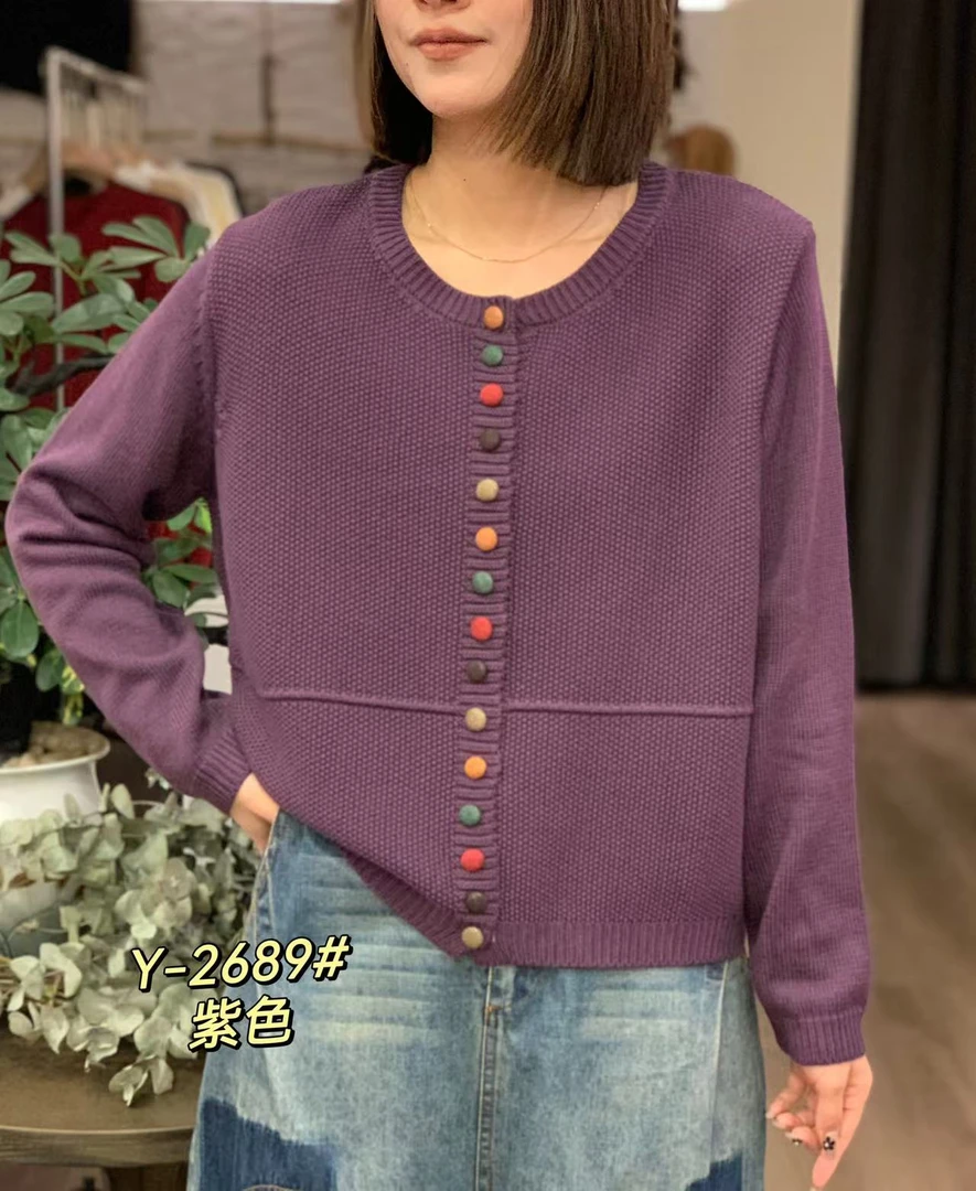 2689春季新款纯色七彩扣圆领百搭休闲套头针织衫