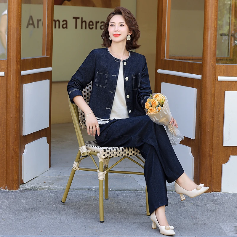 2025春秋新款妈妈装牛仔上衣套装时尚减龄小香风外套中年女装套装