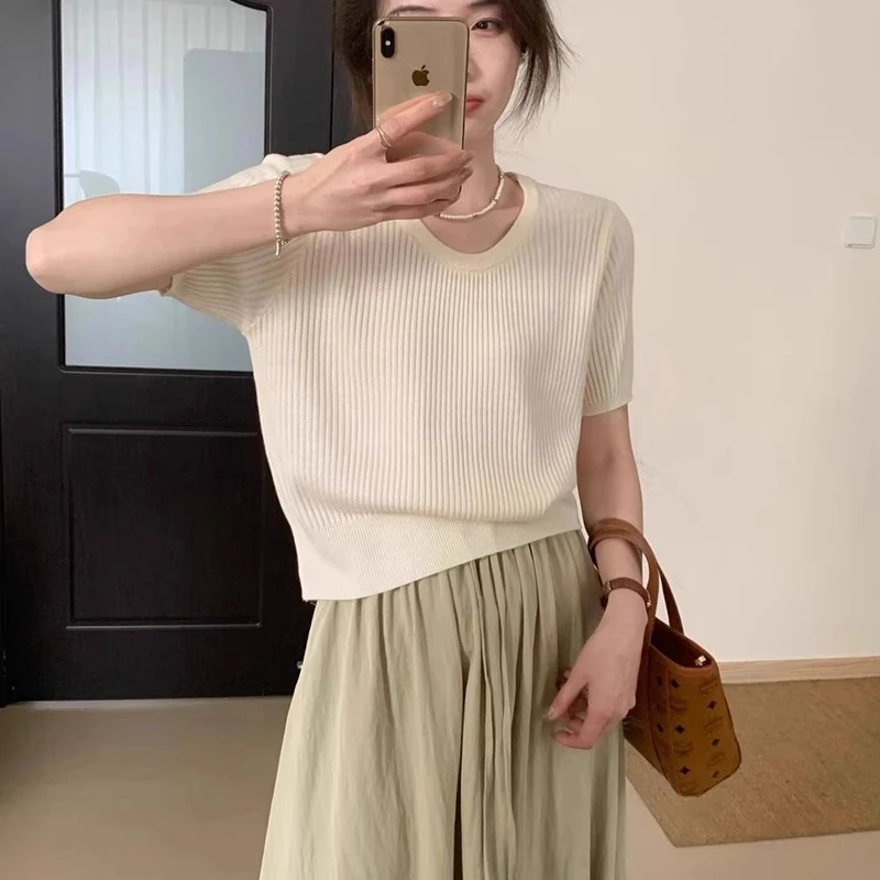 韩版休闲U领针织衫2025年春夏新款百搭纯色减龄短袖上衣气质T恤女