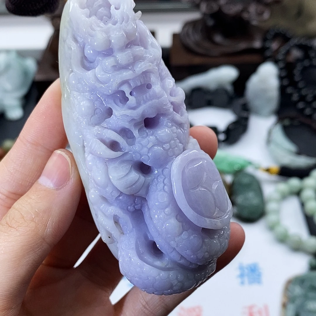 翡翠未镶嵌颈饰缅甸翡翠a货  紫肉皮壳龙手把