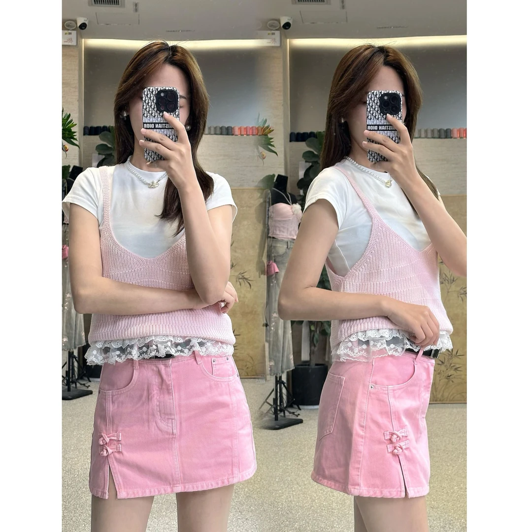 少女风粉色结开叉短裙