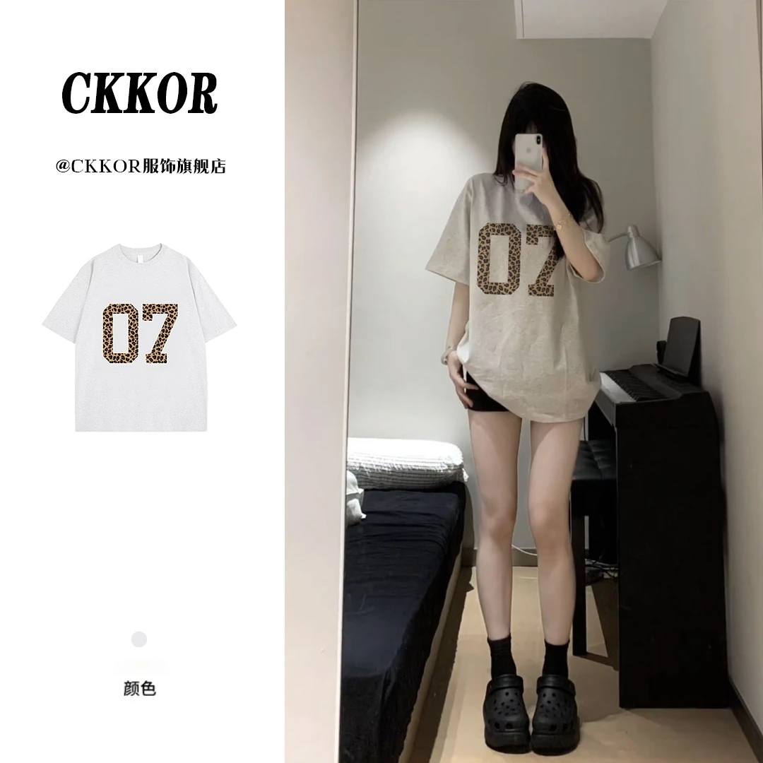 CKKOR韩版夏季上衣潮牌豹纹印花女生短袖t恤纯棉学生宽松显瘦休闲