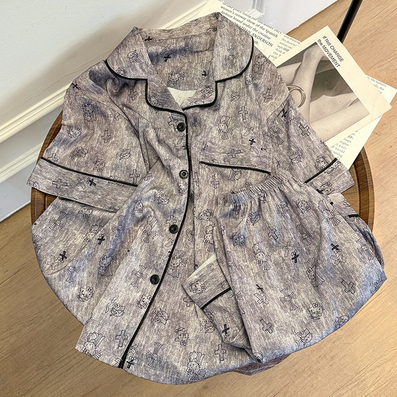 可爱恶魔Kitty睡衣女款春秋季冰丝夏季短袖短裤薄款家居服时尚套