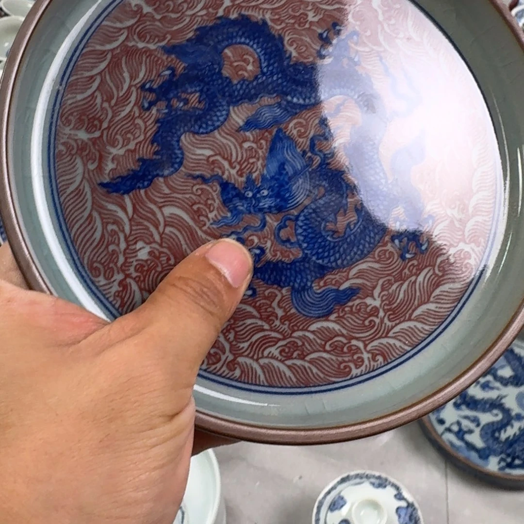 摆件老陶泥釉里红海水龙大壶承