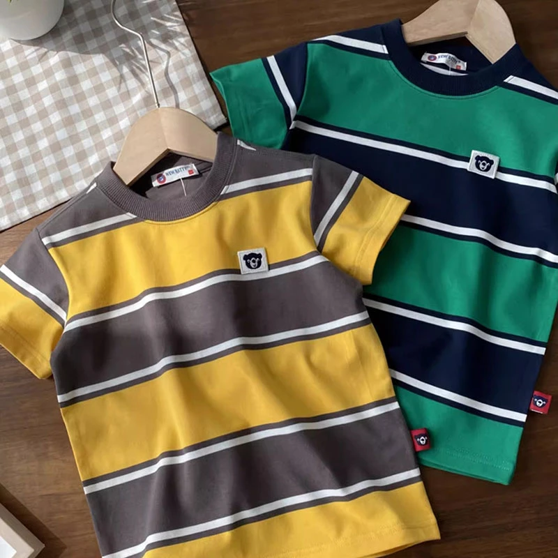 儿童男童夏季新款小熊宽条纹百搭圆领短袖T恤中大童休闲XZ139