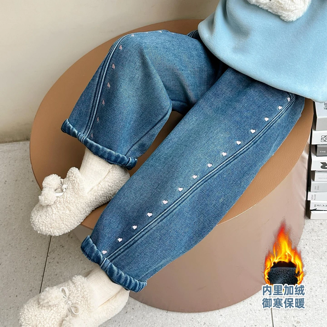 女童秋冬季裤子2025新款儿童洋气休闲外穿宽松加绒保暖御寒牛仔裤