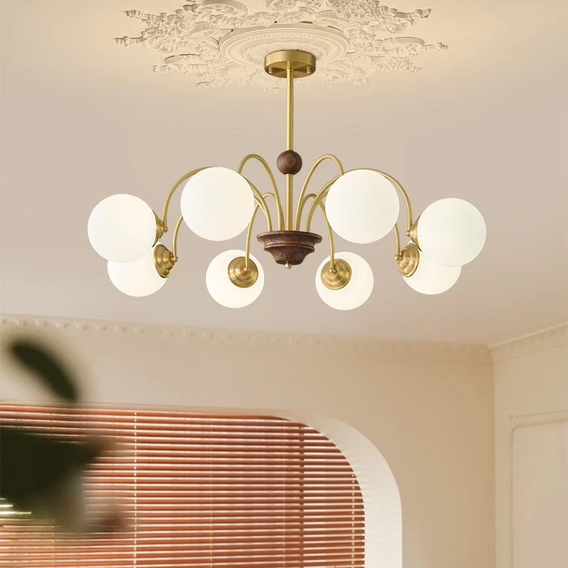 全铜中古风客厅吊灯美式复古胡桃木实木卧室餐厅书房魔豆主卧吊灯