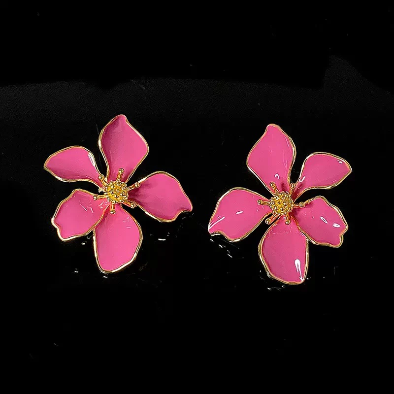铜合金耳饰 精品/银针滴油粉色花朵耳环女甜美耳钉新款百搭耳饰