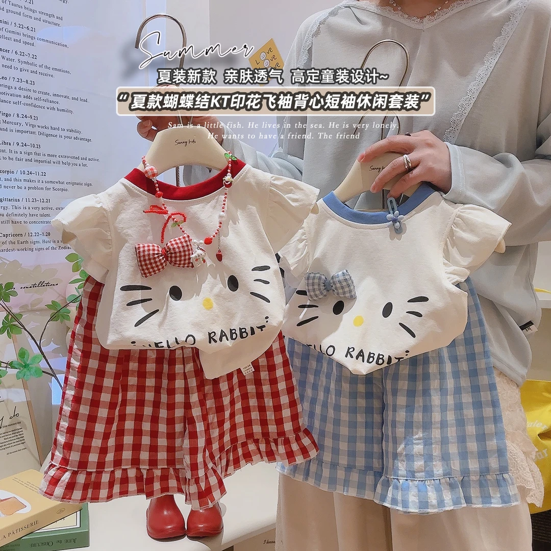 【A类女童二件套】儿童飞袖蝴蝶结短袖短裤夏季卡通休闲格子套装