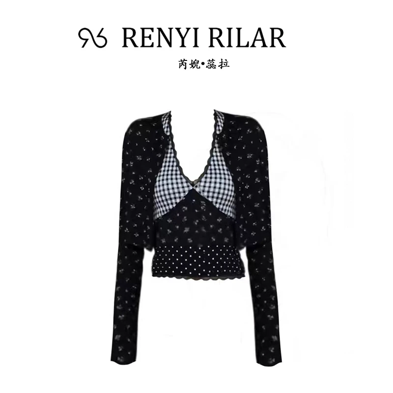RENYI RILAR新品性感辣妹风蕾丝格纹拼接上衣两件套RRTZ022
