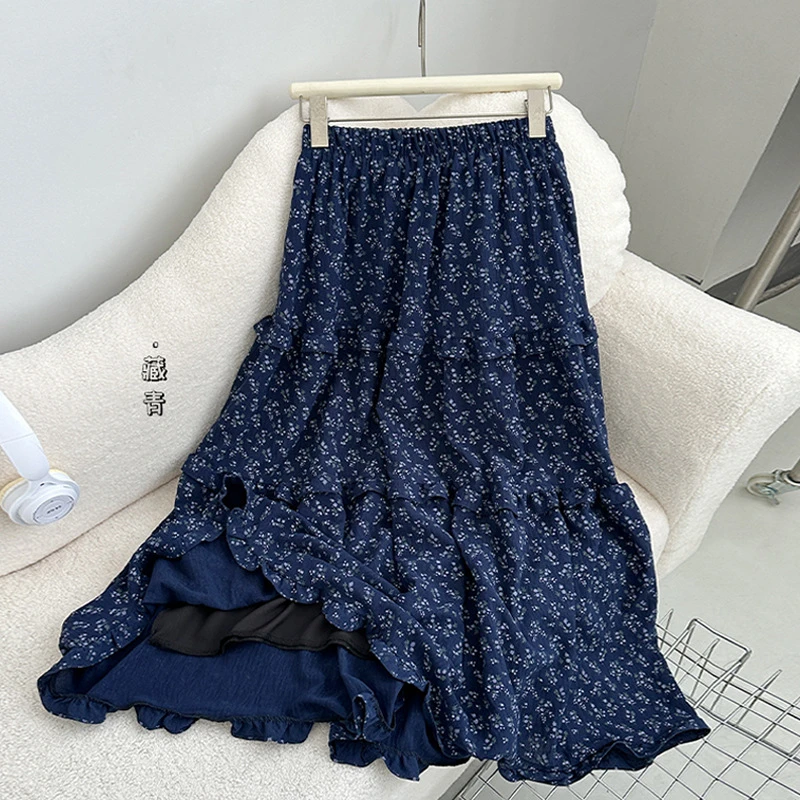 复古森系小碎花蛋糕长裙夏季高腰遮胯显瘦气质温柔A字伞裙半身裙