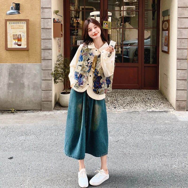 甜酷氛围感印花马甲衬衫半裙套装2025春秋新款韩系可盐可甜三件套