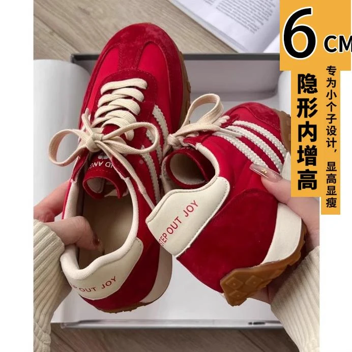 小个子福音~红色增高复古女平底休闲板鞋厚底运动阿甘学生鞋牛皮
