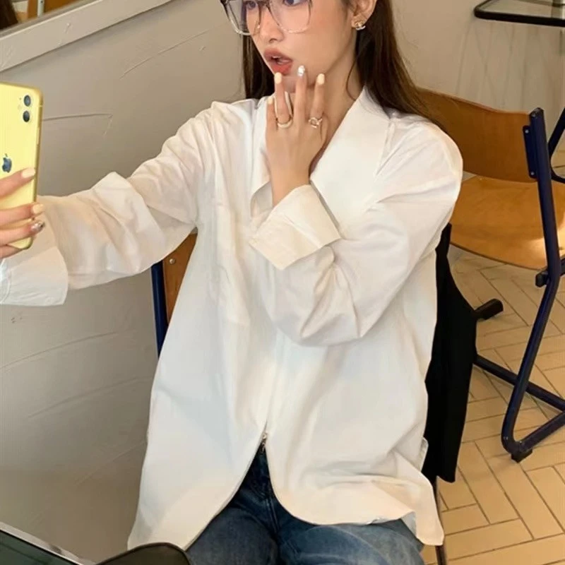 白衬衫女春秋新款长袖法式宽松百搭气质中长款拉链设计感防晒上衣