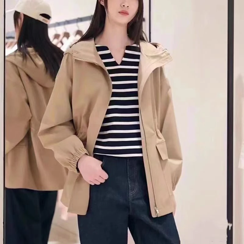 W-1427【禾】露珠系列 春季新款收腰显瘦连帽风衣外套女