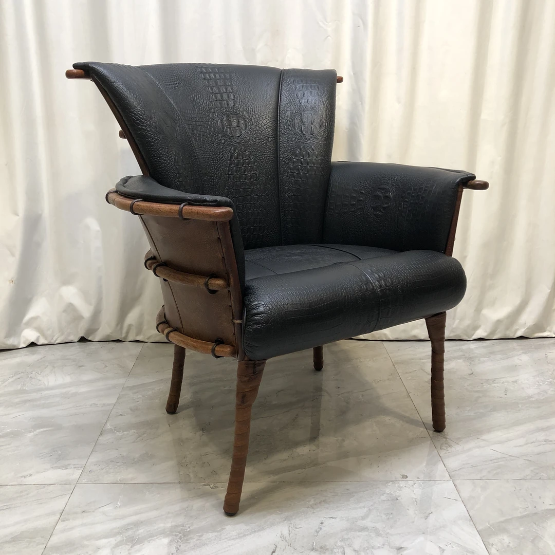 BORCH/博瑞奇头层牛皮酋长椅部落风棕榈木鳄鱼纹皮餐椅（09096）