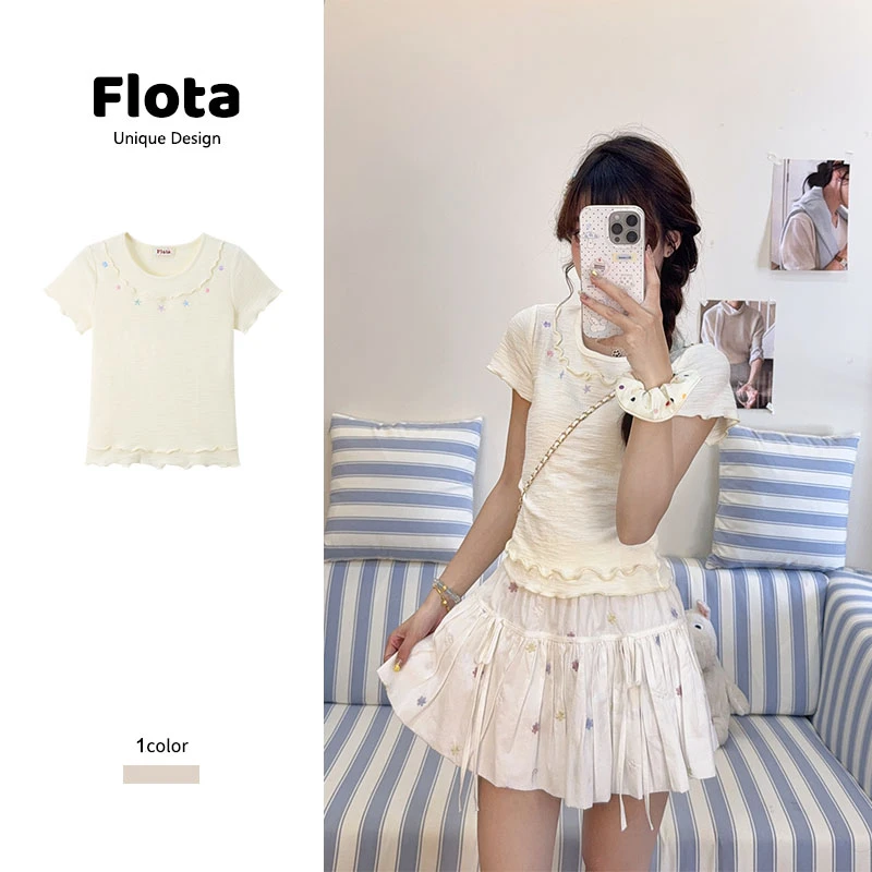 【flota】小众设计感甜美夏季彩色星星短袖显瘦别致百搭正肩1755