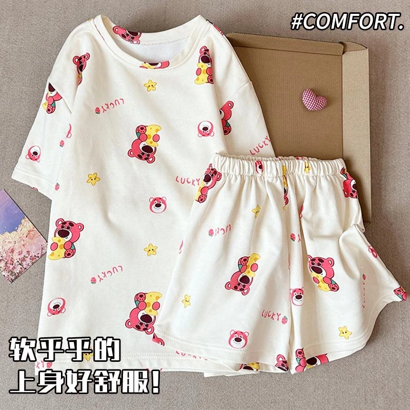 睡衣女夏季短袖卡通草莓熊套装夏天新款可外穿宽松学生薄款家居服