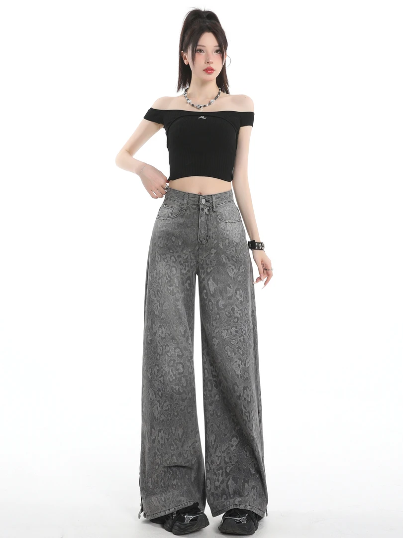 美式复古设计感豹纹阔腿牛仔裤女2025年秋季新款宽松拖地直筒裤子
