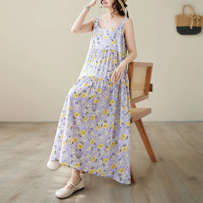 棉麻无袖印花拼接圆领长裙连衣裙吊带宽松简约百搭显瘦大摆蛋糕裙